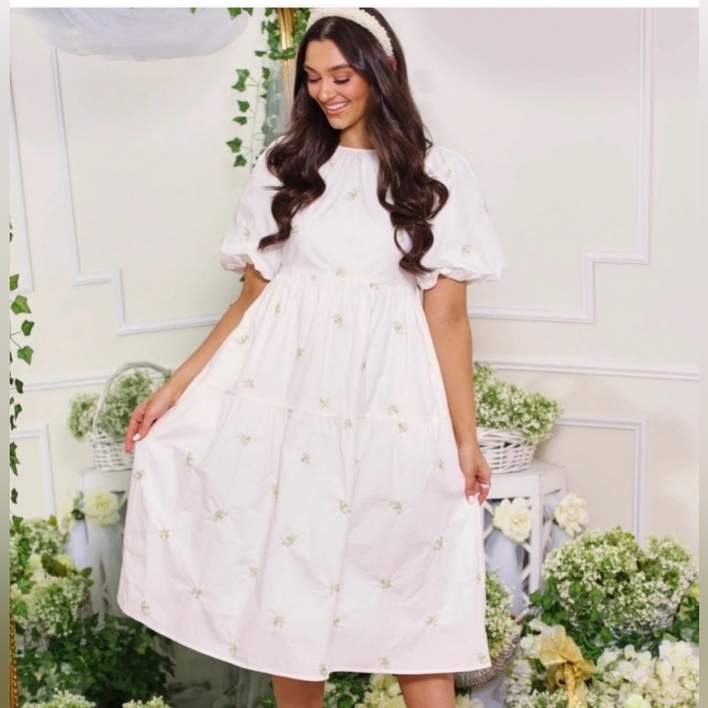 Moodie White Embroidered Poplin Cotton Puff Sleeve Midi Dress